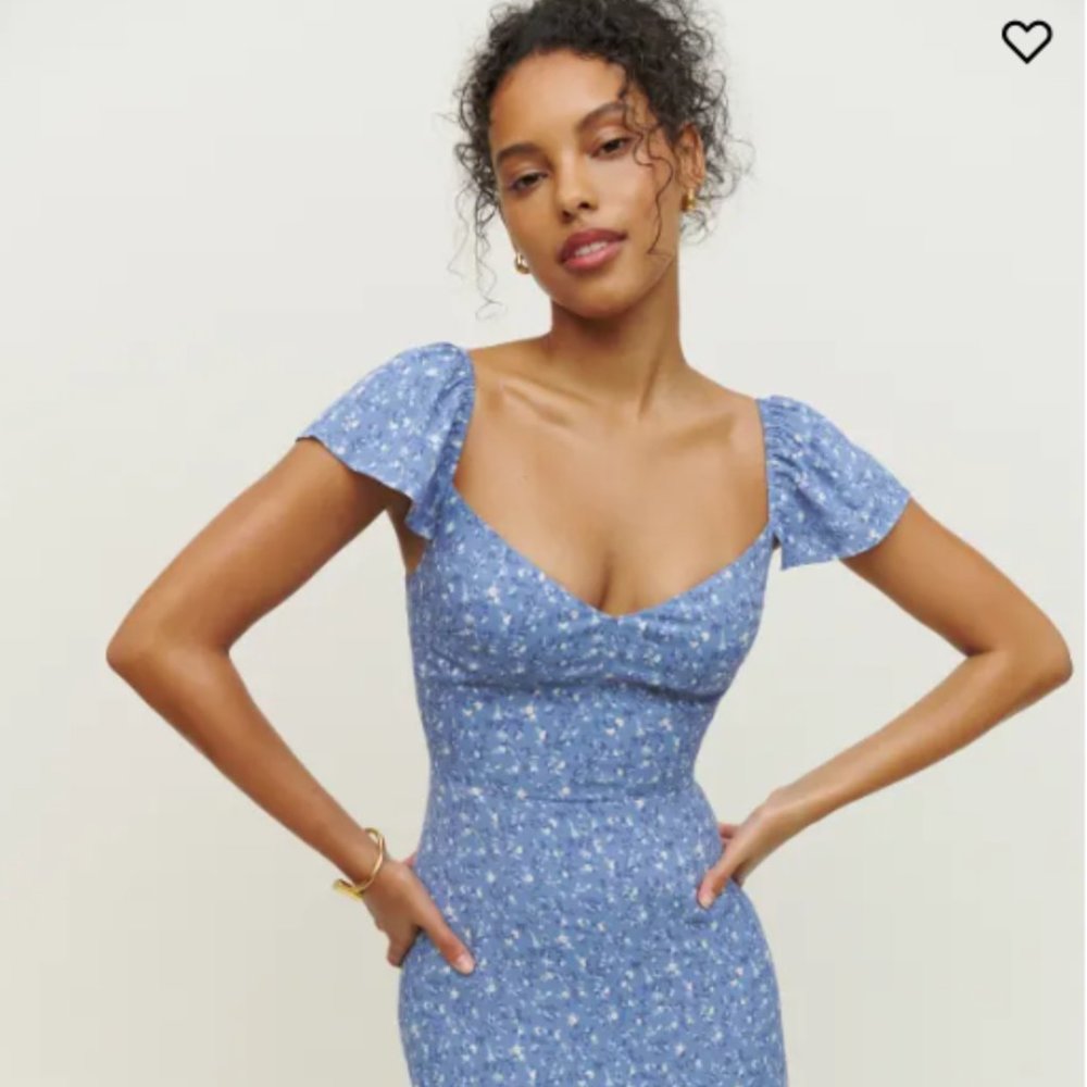 Reformation Blue Bodycon Midi Dress with Sweetheart Neckline